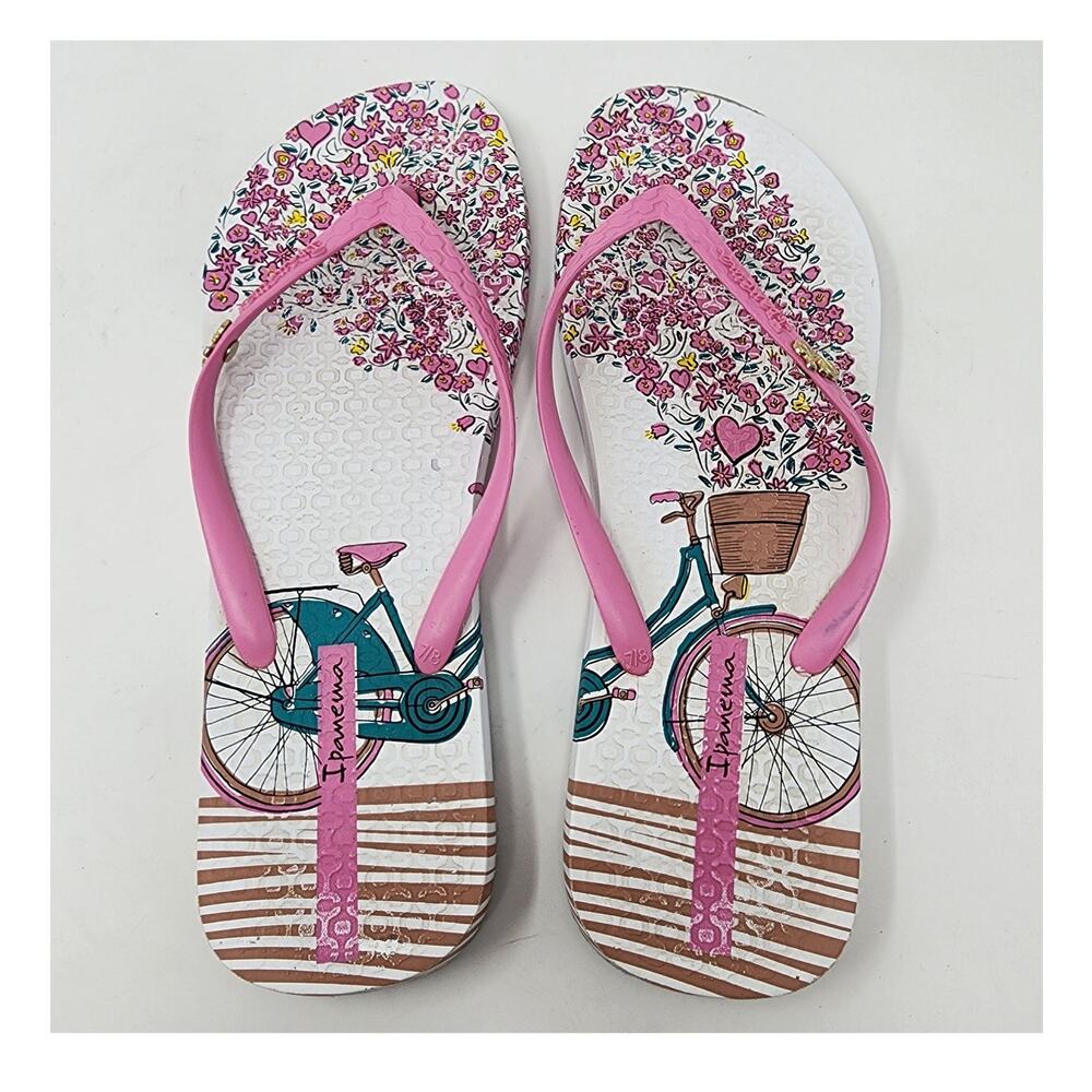 Ipanema Flip Flops Women 9 Bicycle Flower Print Sandals Pink White Bike Logo